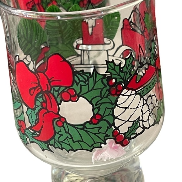 Christmas Low Ball Thick footed Glasses Holly Red ribbon Wreath candles green - Picture 3 of 6